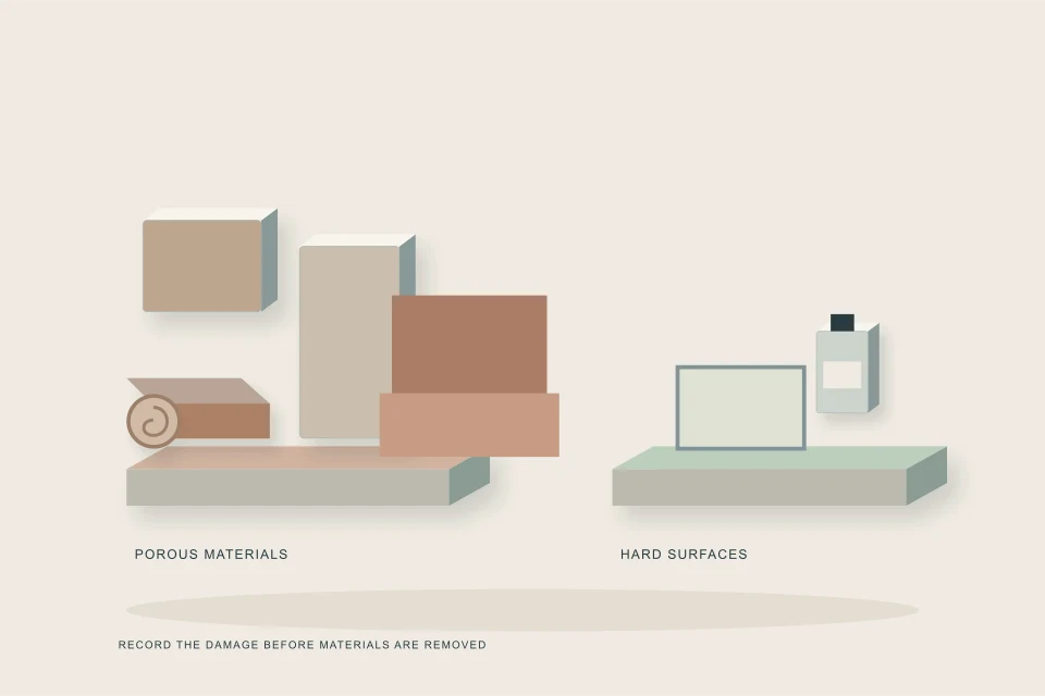 Conceptual illustration of material sorting study of carpet drywall cardboard upholstery and hard surfaces