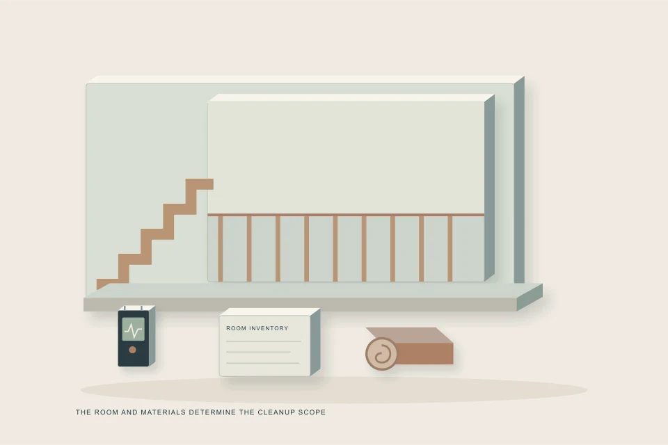 Conceptual illustration of home basement restoration section with stairs removed finishes and room inventory
