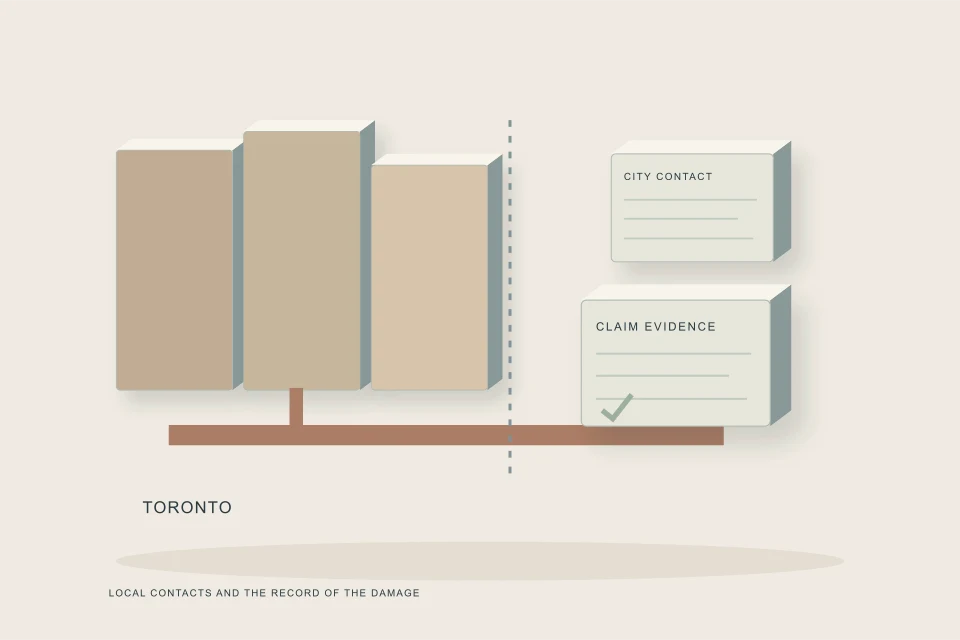 Conceptual illustration of row-house property boundary drain connection city contact and claim files